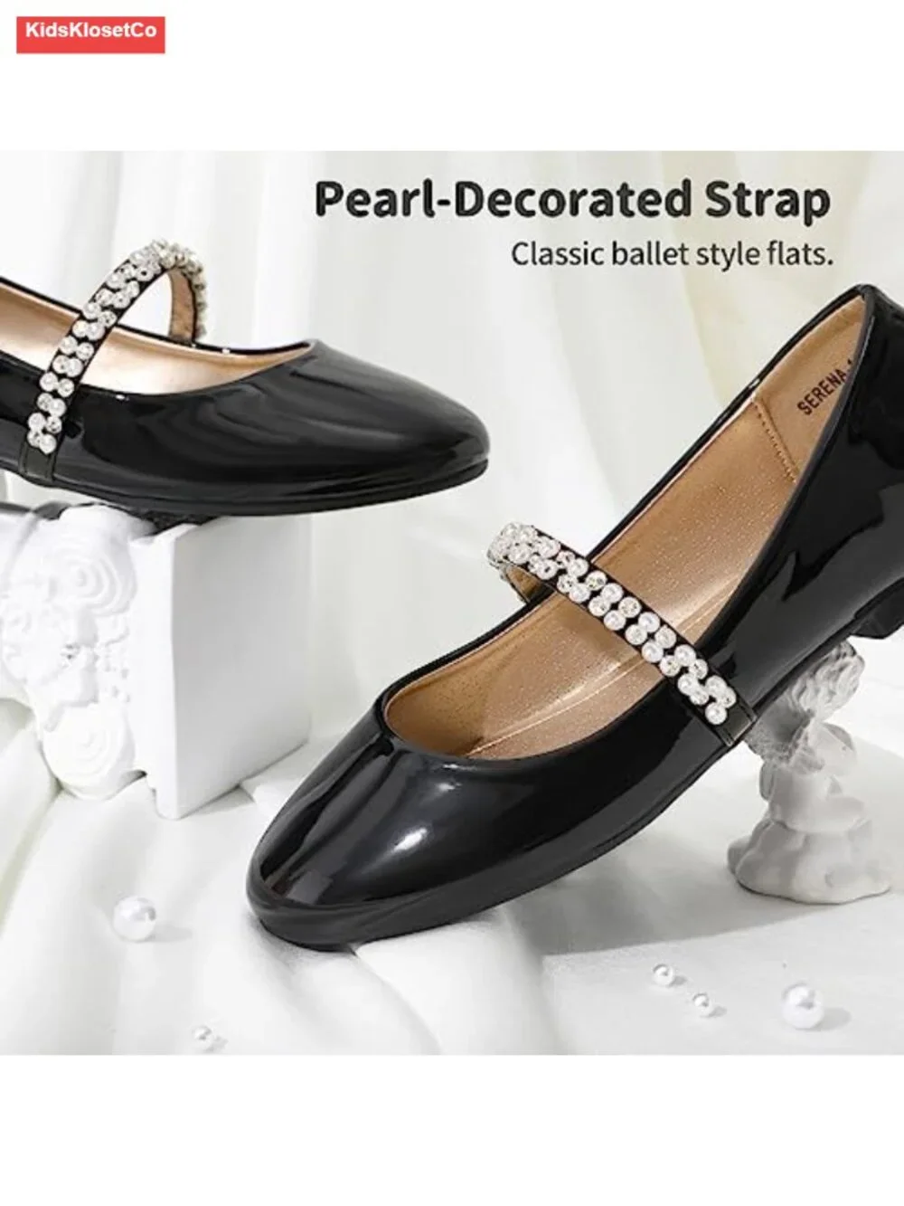 Girls Mary Jane Dress Shoes Flats with Pearl Straps for Wedding Party